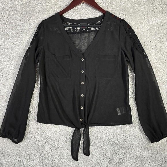 2B BeBe Shirt Womens Small Black Button Up Tie Sheer Lace Y2K Witchy Gothic - Picture 1 of 13